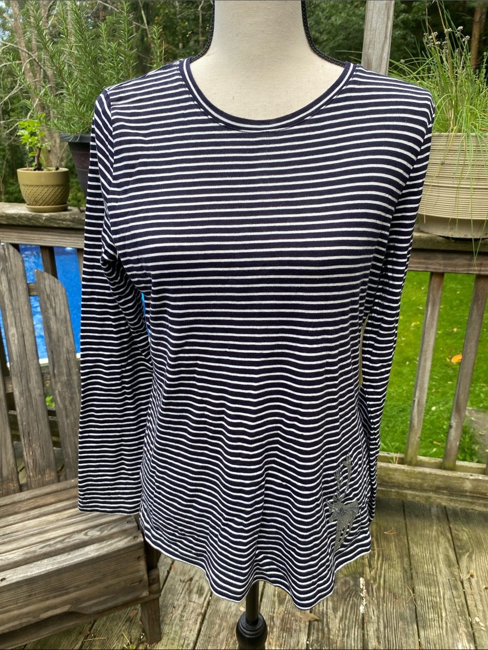 Talbots Navy and White Striped Long-Sleeve Crewneck Tee